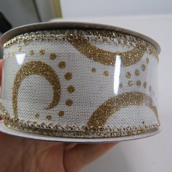 Ivory & Gold Glittered Swirl Wired Ribbon 25 feet NEW - Picture 4 of 4